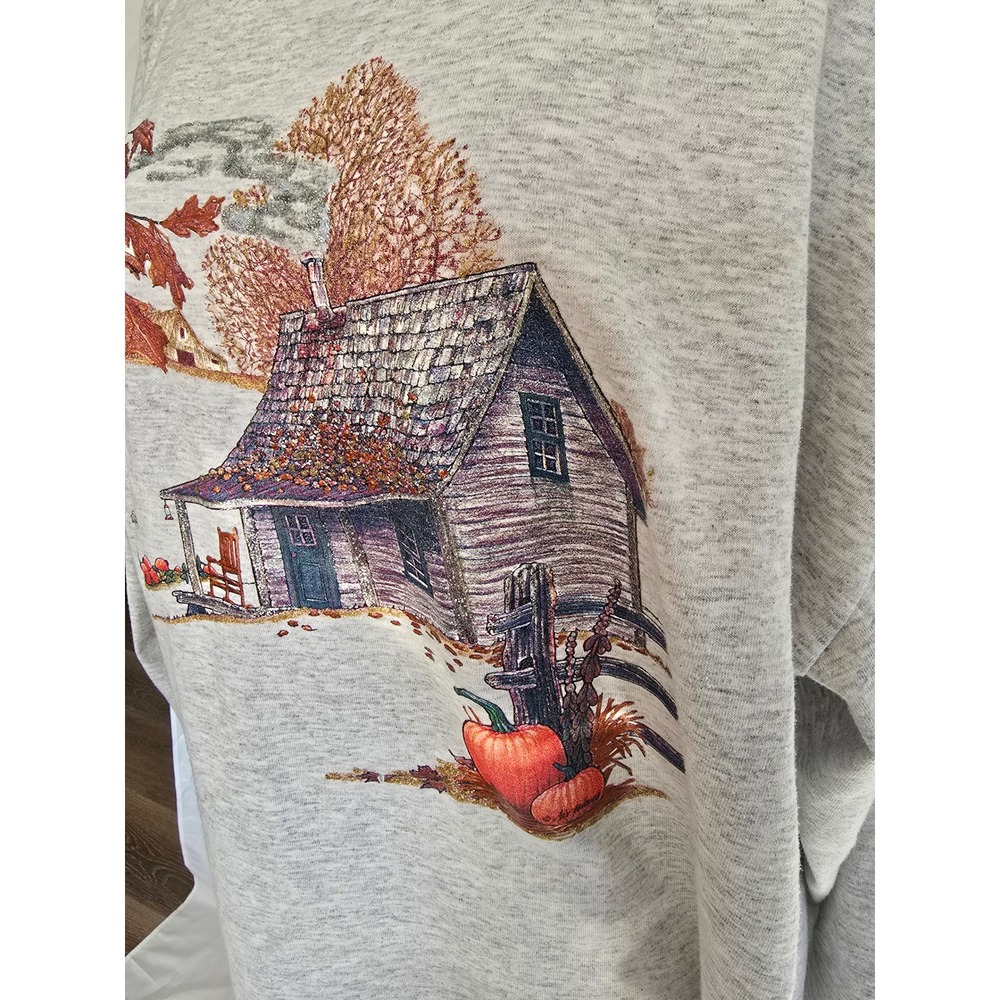 Vintage Autumn Cabin Pumpkin Fall Leaves Graphic Tshirt 2X - Picture 2 of 7